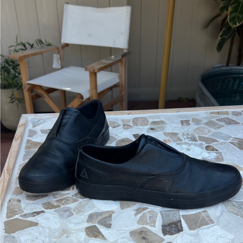 HUF Black Leather Dylan Rieder - Slip-On Loafers skate shoes dress shoes.